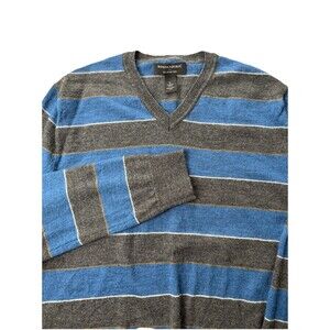 Banana Republic V Neck Merino Wool Sweater Blue Gray‎ Striped Mens M